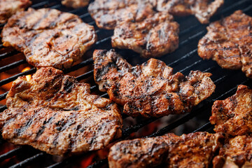 Several pieces of seasoned, grilled meat with charred grill marks cooking over glowing embers. The rich brown hues and smoky appeal highlight the essence of outdoor cooking and barbecue flavors.