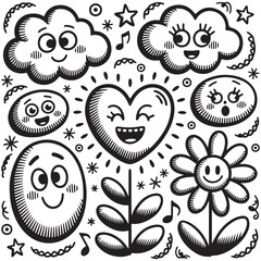 Childlike Doodle Vector – Sketchy Clouds Raining Smiley Faces, Goofy Sun with Glasses, Scribbled Daisy Flower, Winged Heart, and Playful Elements on Transparent Background