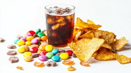 A refreshing soda with ice alongside candy and chips on a white background.