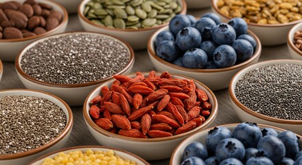 Assorted Superfoods in Bowls Featuring Berries, Seeds, Nuts, and Goji Berries