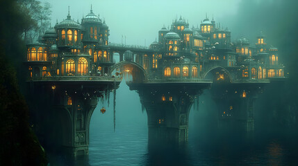 Fototapeta premium Misty floating city on a river