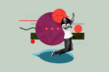 Creative full artwork collage of happy guy stand bubble communication icon chatterbox conversation...