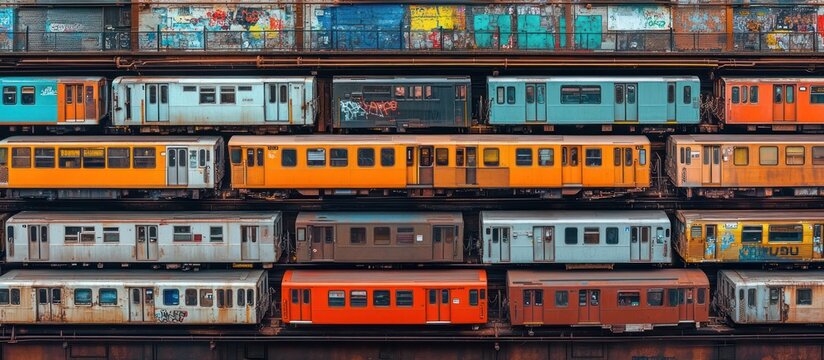 City Subway Cars Stacked, Graffiti Background