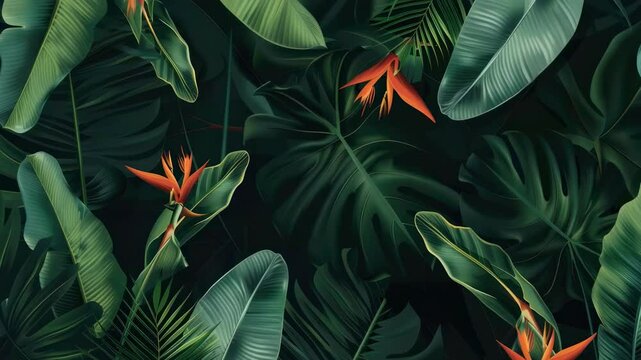 background of tropical leaves and flowers. Selective focus