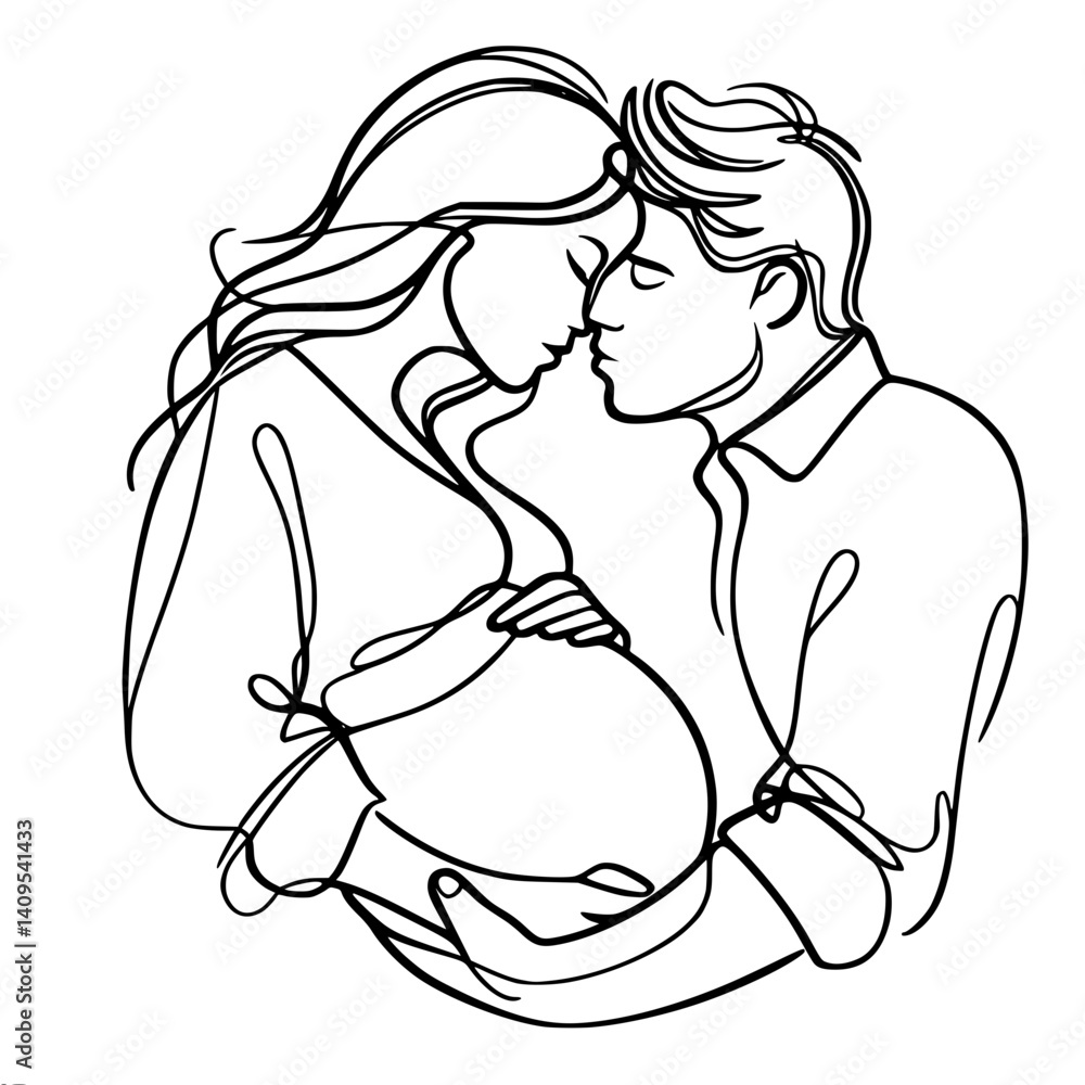Poster man kissing and hugging pregnant puppy in minimalistic linear vector outline drawing