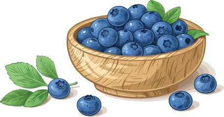 Blueberry in wooden bowl in white background, Blueberry vector design