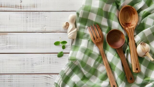 wooden spoon fork on wooden background top view