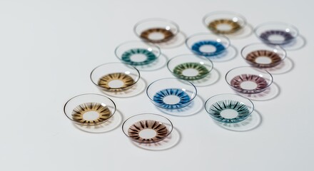 Assorted Colored Contact Lenses Arranged on a White Surface for Vision Correction