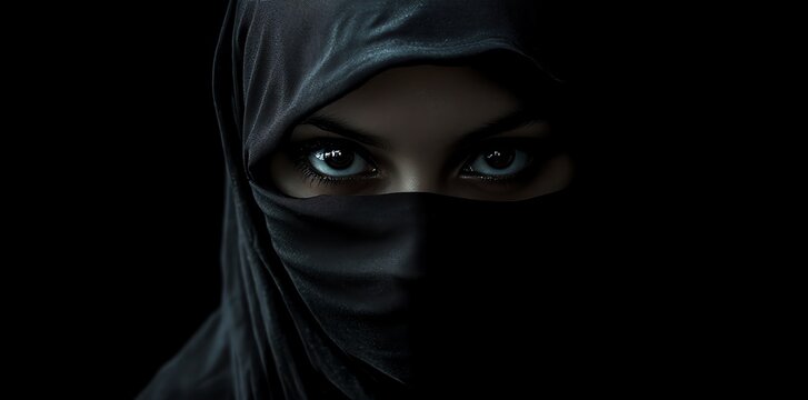 A woman's intense eyes peek from beneath a dark niqab in a close-up shot creating a mysterious mood Perfect for illustrating stories of faith or secrecy