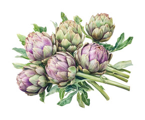 Fototapeta premium Artichoke harvesting scene farm field watercolor fresh produce aerial view botanical beauty. Isolated on transparent background, png.