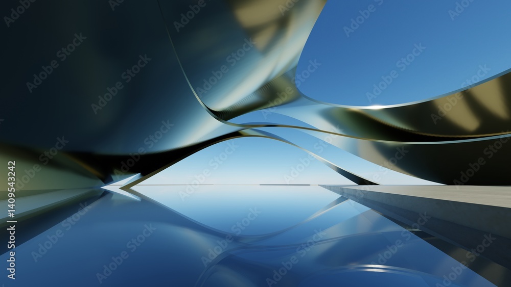 Poster 3d illustration of abstract minimal architecture background, geometric architectural with chrome or 