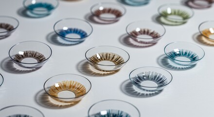 Display of Multiple Colored Contact Lenses Arranged on a White Surface