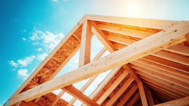 Timber Truss Majesty: A striking low-angle perspective of a timber truss against a clear, sunlit sky, showcasing the precision and artistry of construction and design.