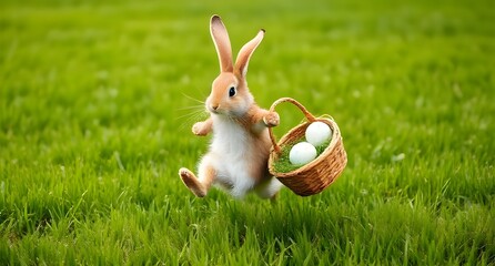Easter bunny hopping across a meadow holding a basket full of eggs. Easter time photo. Background photo