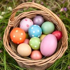 A basket full of colorful Easter eggs. Easter time photo. Background photo