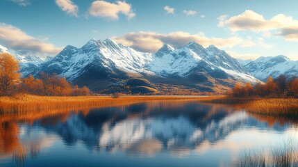 Fototapeta premium Majestic snow-capped mountains reflected in alpine lake at sunrise, golden light on grassy slopes, wide-angle shot, breathtaking highland landscape 