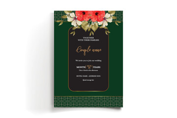 WEDDING INVITATION FRAME WITH FLOWER DECORATIONS AND FRESH LEAVES
