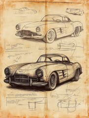 Vintage car sketches on rustic paper with detailed annotations and design notes