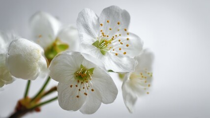 Fototapeta premium Close-up of delicate white cherry blossoms against a soft, neutral background.