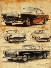 Vintage classic car sketches on aged paper with detailed design blueprints