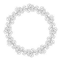 Floral wreath of branches eucalyptus, round leaves. Botanical frame, black outline, isolated on white. Sketch garland for wedding decoration and design projects. Vector illustration
