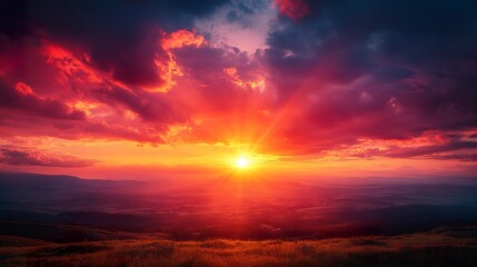 Obraz premium Majestic sunset with intense cloud textures and sun flares lighting up mountain valley, wide landscape view, peaceful and powerful vibe 