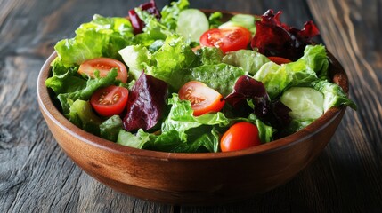 Fresh garden salad with vibrant vegetables served in a wooden bowl on rustic table