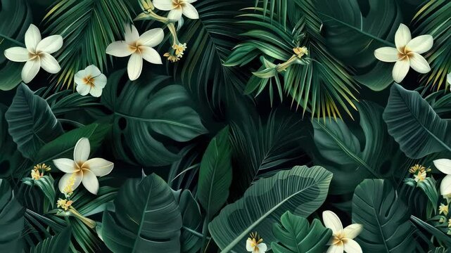 background of tropical leaves and flowers. Selective focus
