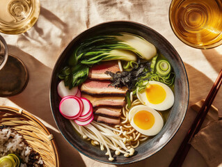 Delicious ramen bowl with eggs, bok choy, and sliced meat on table setting
