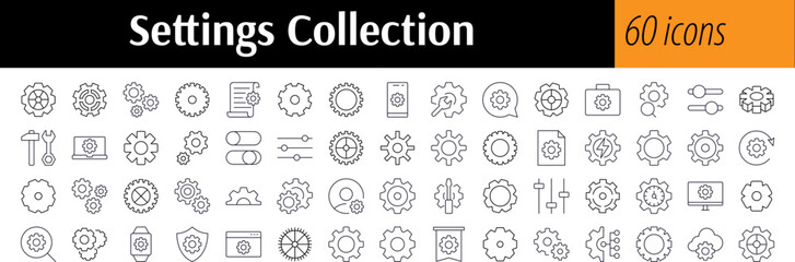 Mechanism and Settings Outline Simple Linear Image Collection. Editable Stroke. Perfect for Web Sites, Books, Cards, Apps
