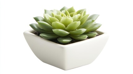Small succulent plant in a white square pot.