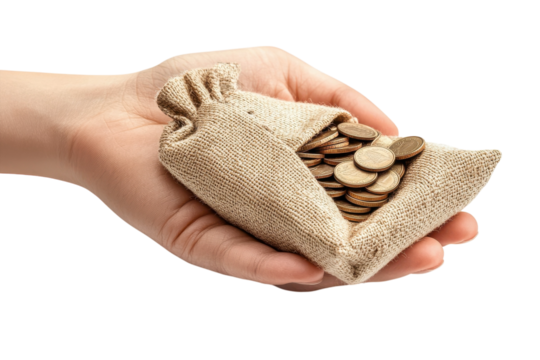 A hand gently holds a burlap sack overflowing with gold coins against a on transparent background
