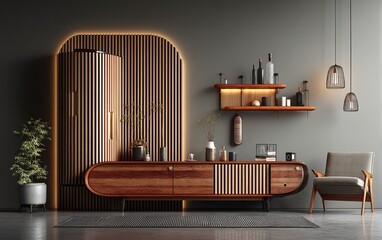 Mid-century modern living room with wood accents, integrated cabinetry, and ambient lighting