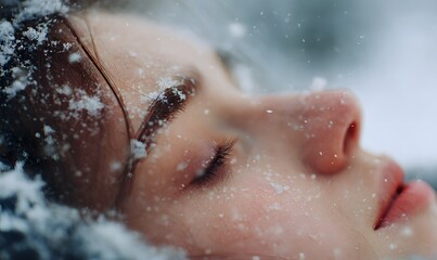 Fototapeta premium girl is lying on her back in the snow, Snowflakes slowly fall on delicate faces, Generative AI