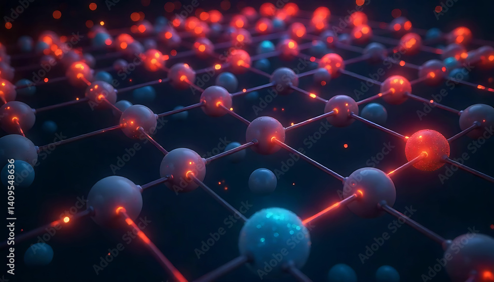 Poster a network of connected spheres with red and blue lights in a dark abstract background scene view