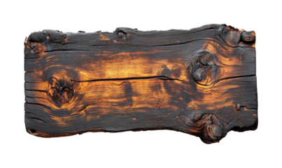 Burnt wooden plank high-resolution textured surface artistic concept. Isolated on transparent background, png.
