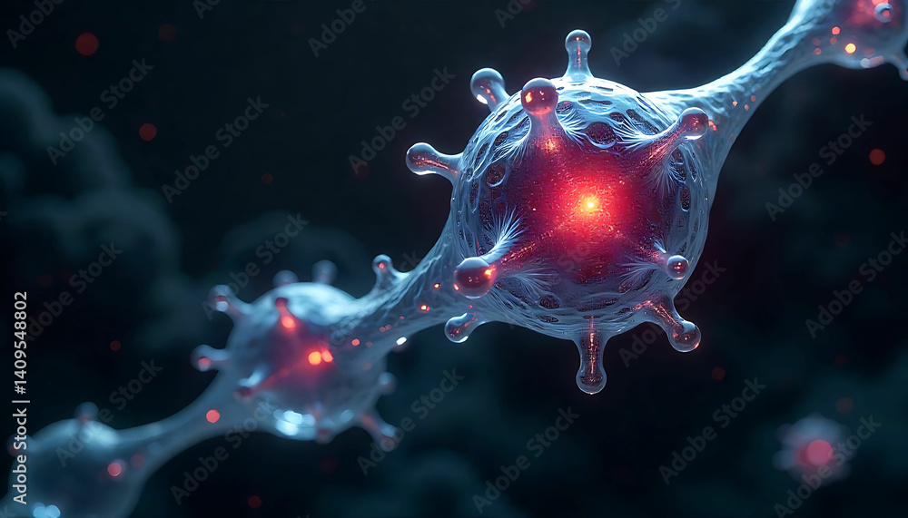 Aufkleber a close up view of a neuron with red glowing center and dendrites against a dark background