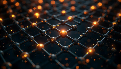 A close up view of a network of black and orange spheres connected by thin lines in a grid pattern