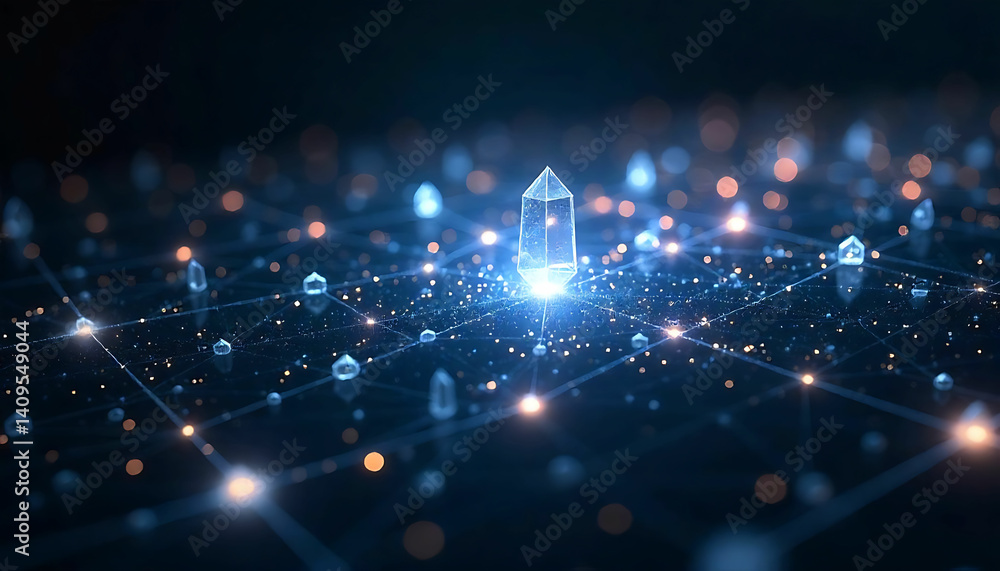 Poster a crystal standing on a network of connected points with glowing lights in a dark environment