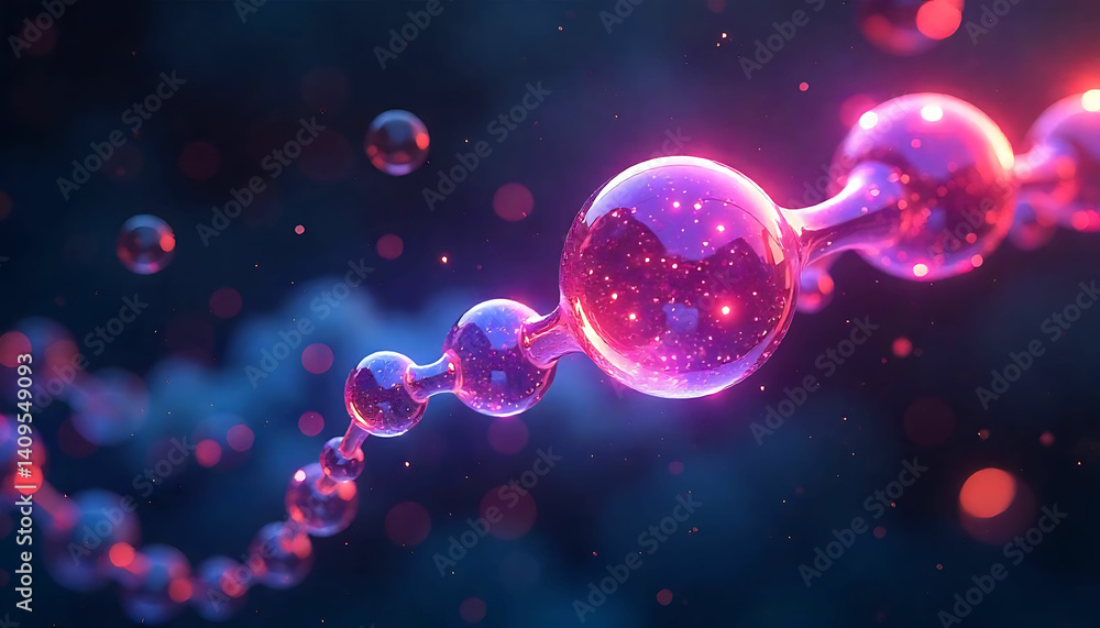 Poster a vibrant chain of glowing spheres connected by translucent links in a dark blue background