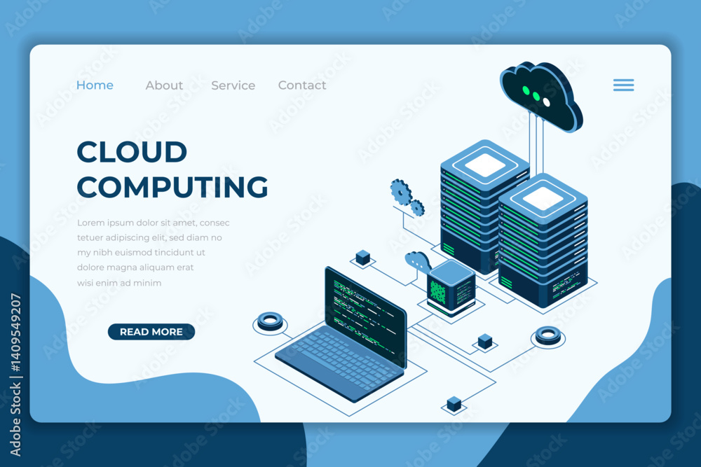Poster cloud computing isometric landing page. cloud storage server. cloud computing online database techno