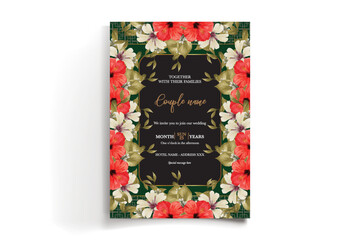 WEDDING INVITATION FRAME WITH FLOWER DECORATIONS AND FRESH LEAVES