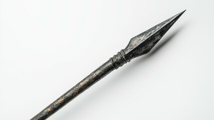 Detailed close-up of an antique metal spear against a stark white background.
