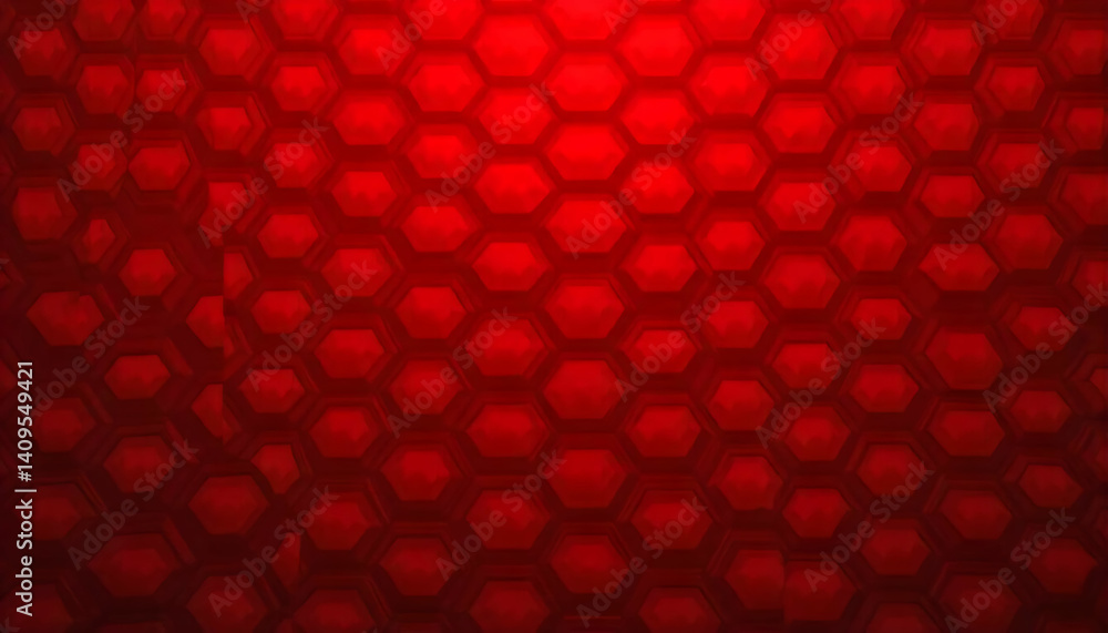Poster a red background with a repeating pattern of blurred hexagons in a grid like arrangement
