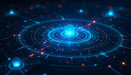 Glowing blue sphere surrounded by concentric circles and network connections in dark environment