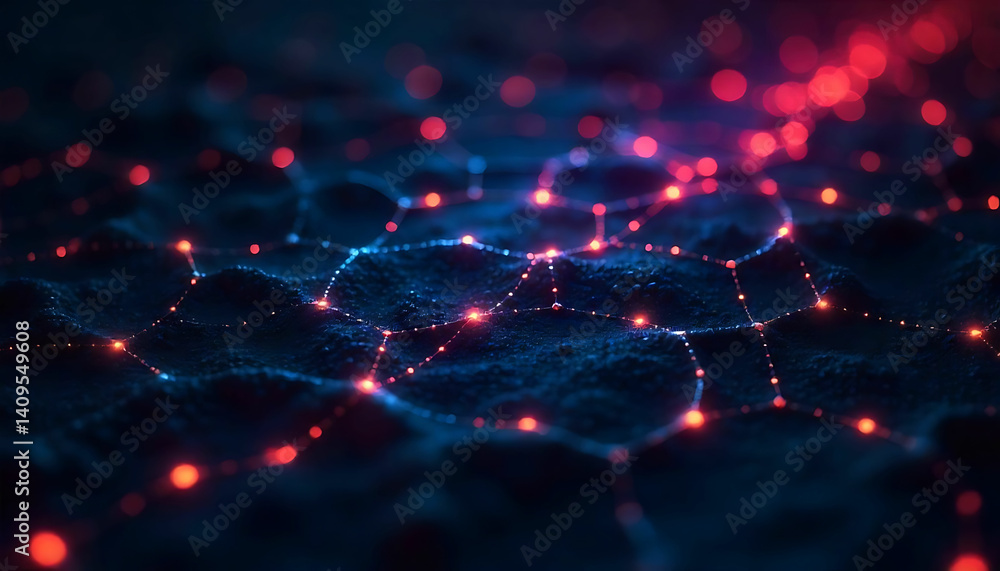 Poster abstract network of red and blue lights connecting on a dark textured surface in a low angle view