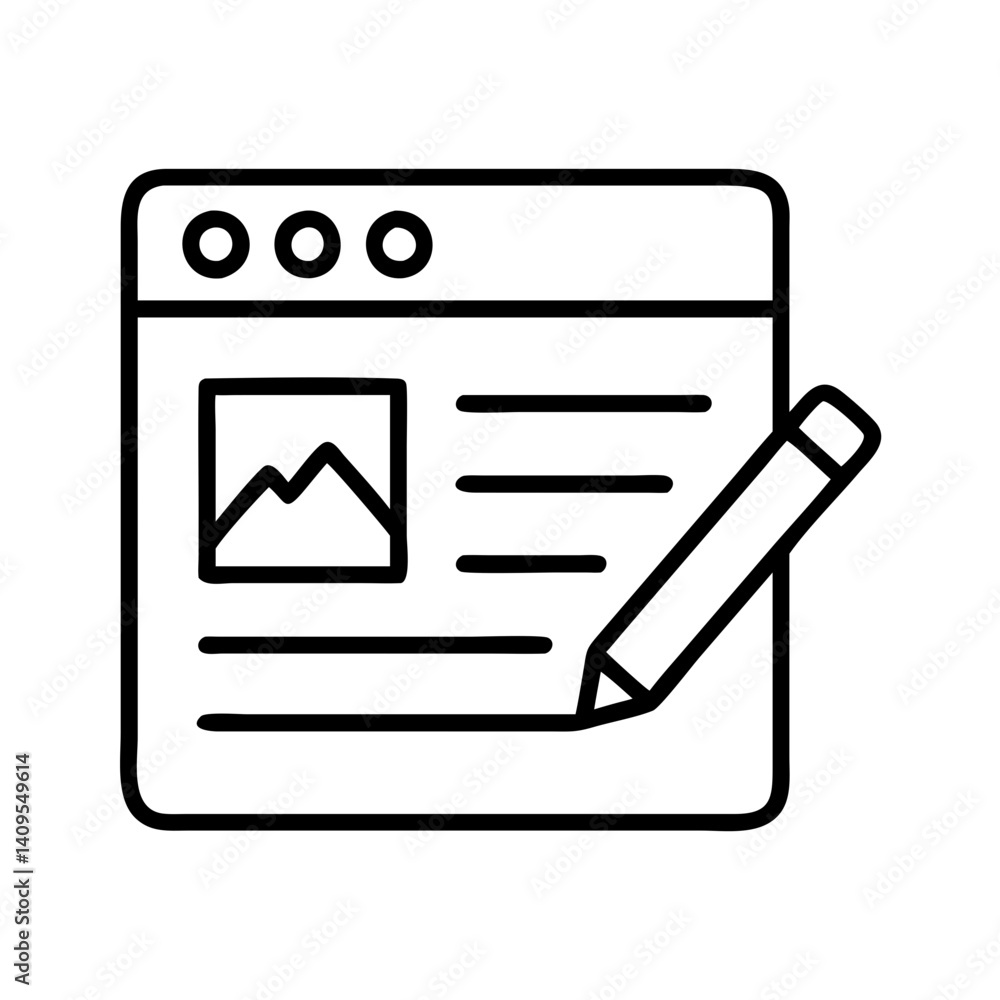 Poster illustration of website design process with pencil, web development, content creation and image