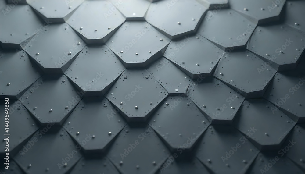 Poster close up of a textured surface with gray hexagonal scales and small water droplets on the surface