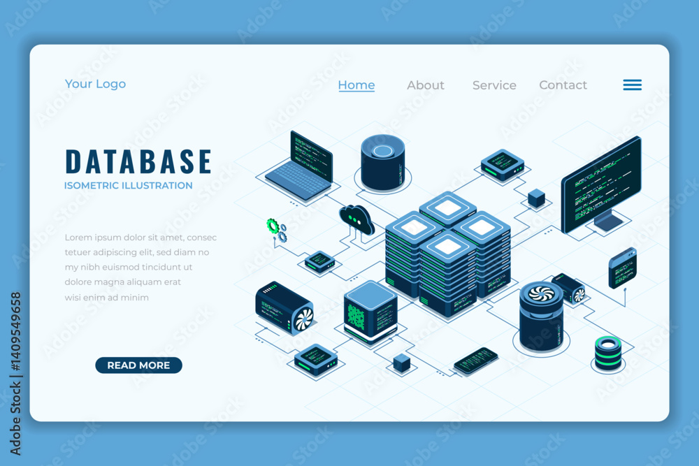Poster Database isometric landing page. Internet of things. Cloud computing online database technology. Isometric technology