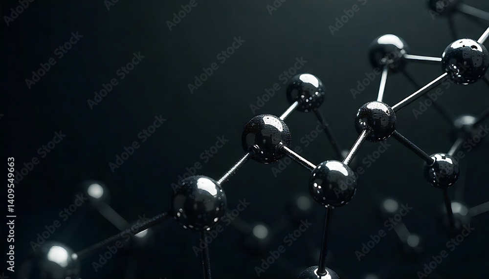 Aufkleber a close up view of a dark molecule structure with shiny spheres and connecting rods on black